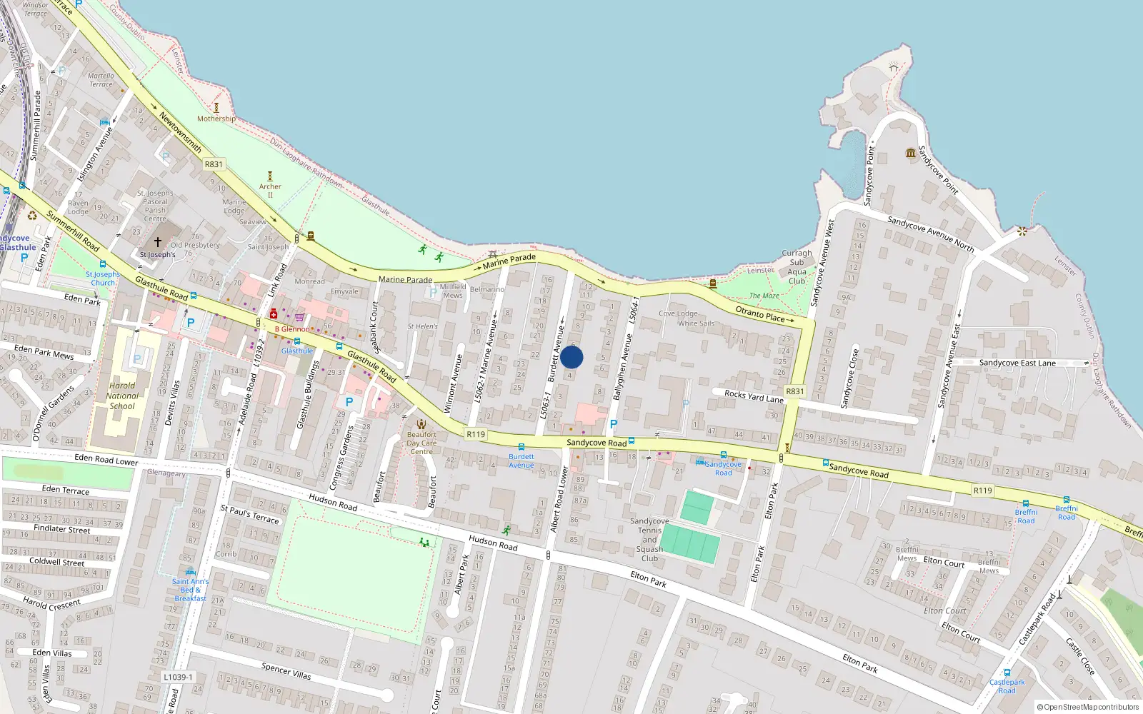 Overhead map showing the location of 5 Burdett Avenue, Dublin