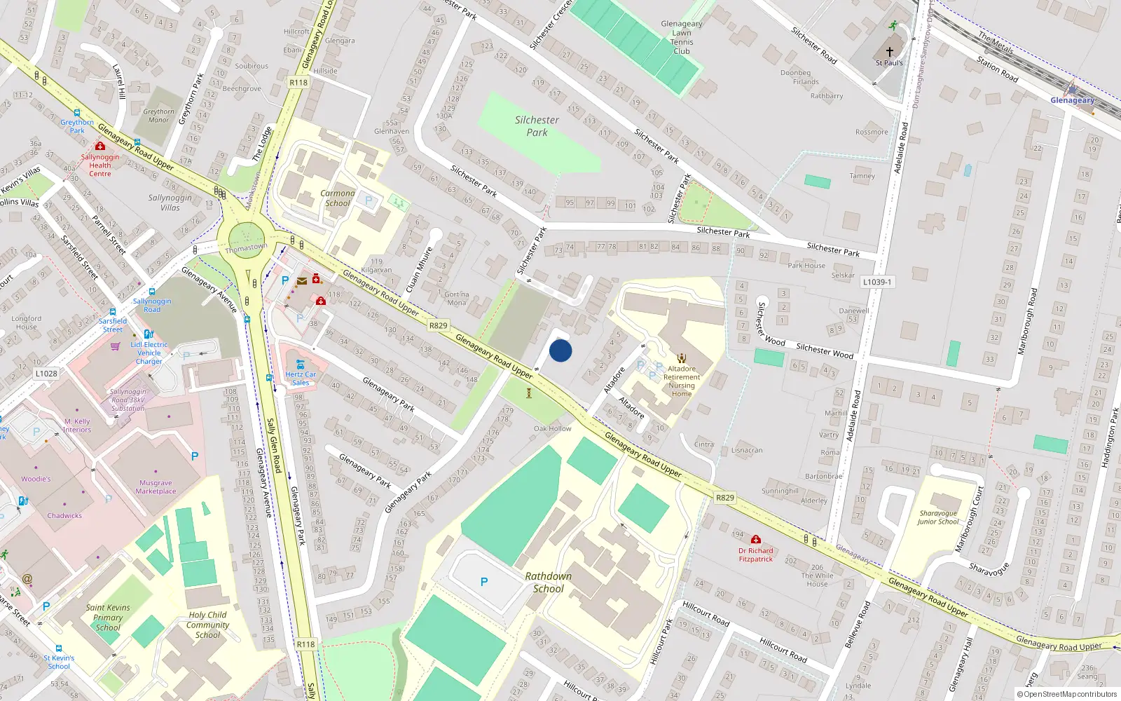 Overhead map showing the location of Glenageary Road Upper, Glenageary