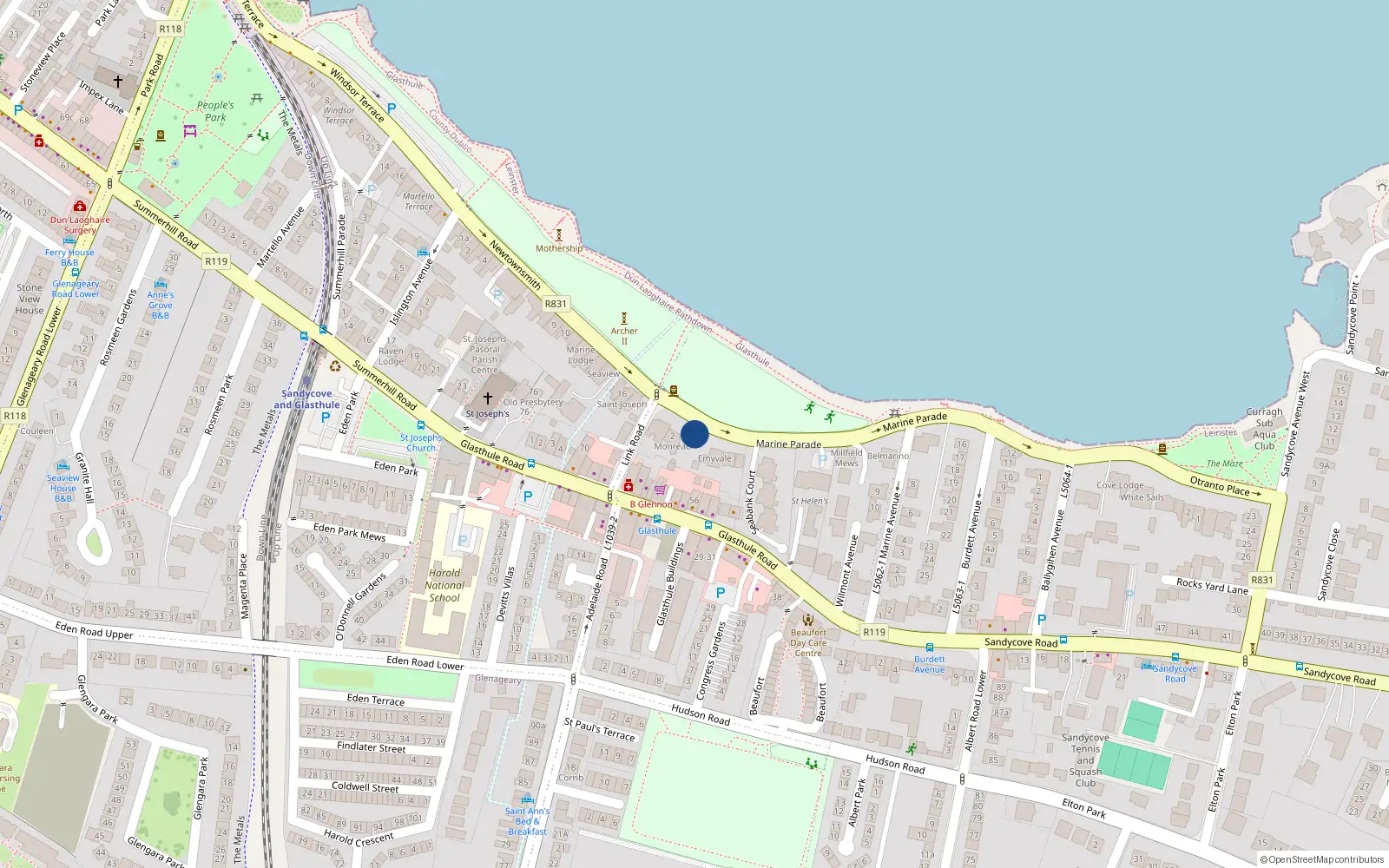 Overhead map showing the location of 2 Marine Parade, Sandycove