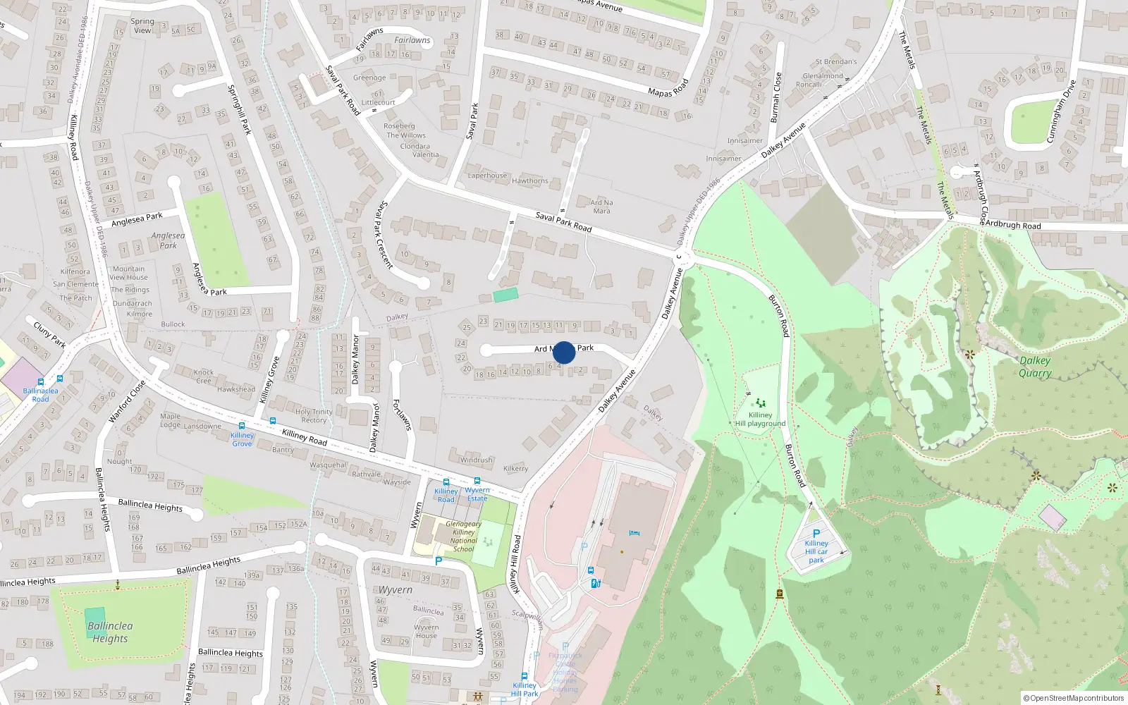 Overhead map showing the location of 4 Árd Mhuire Park, Dalkey