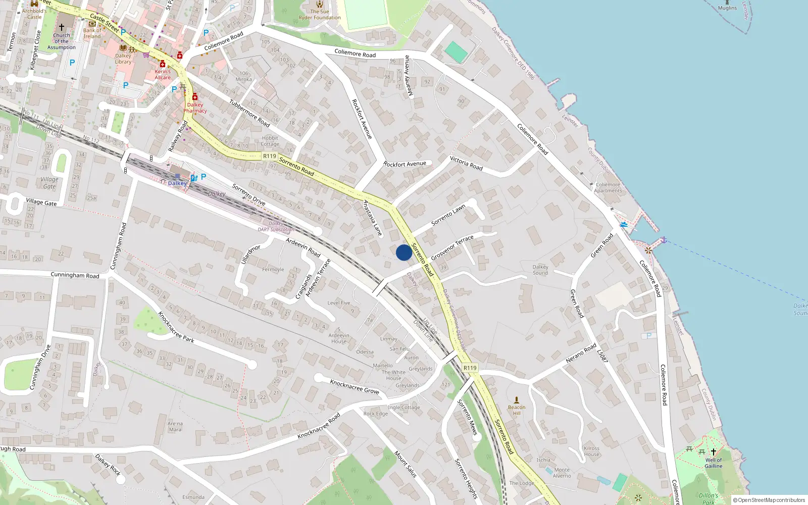 Overhead map showing the location of Sorrento Road, Dalkey