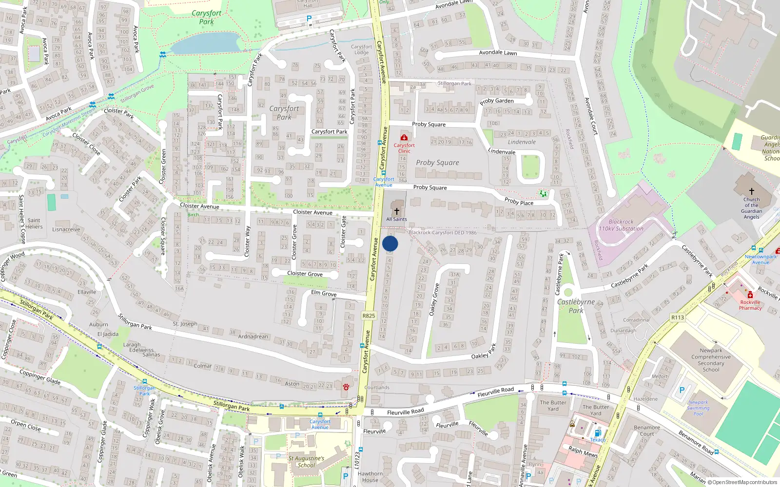 Overhead map showing the location of 2 Upper Carysfort Avenue, Blackrock