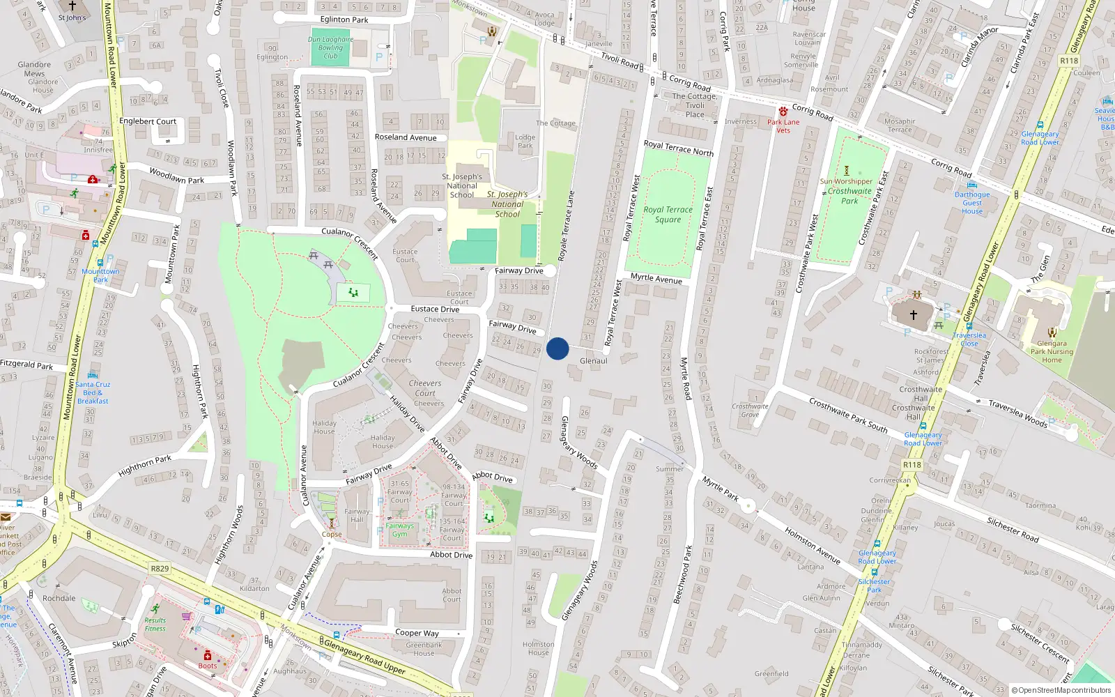 Overhead map showing the location of Royal Terrace Lane, Dun Laoghaire