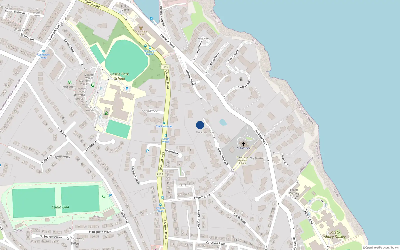 Overhead map showing the location of Harbour Road, Dalkey