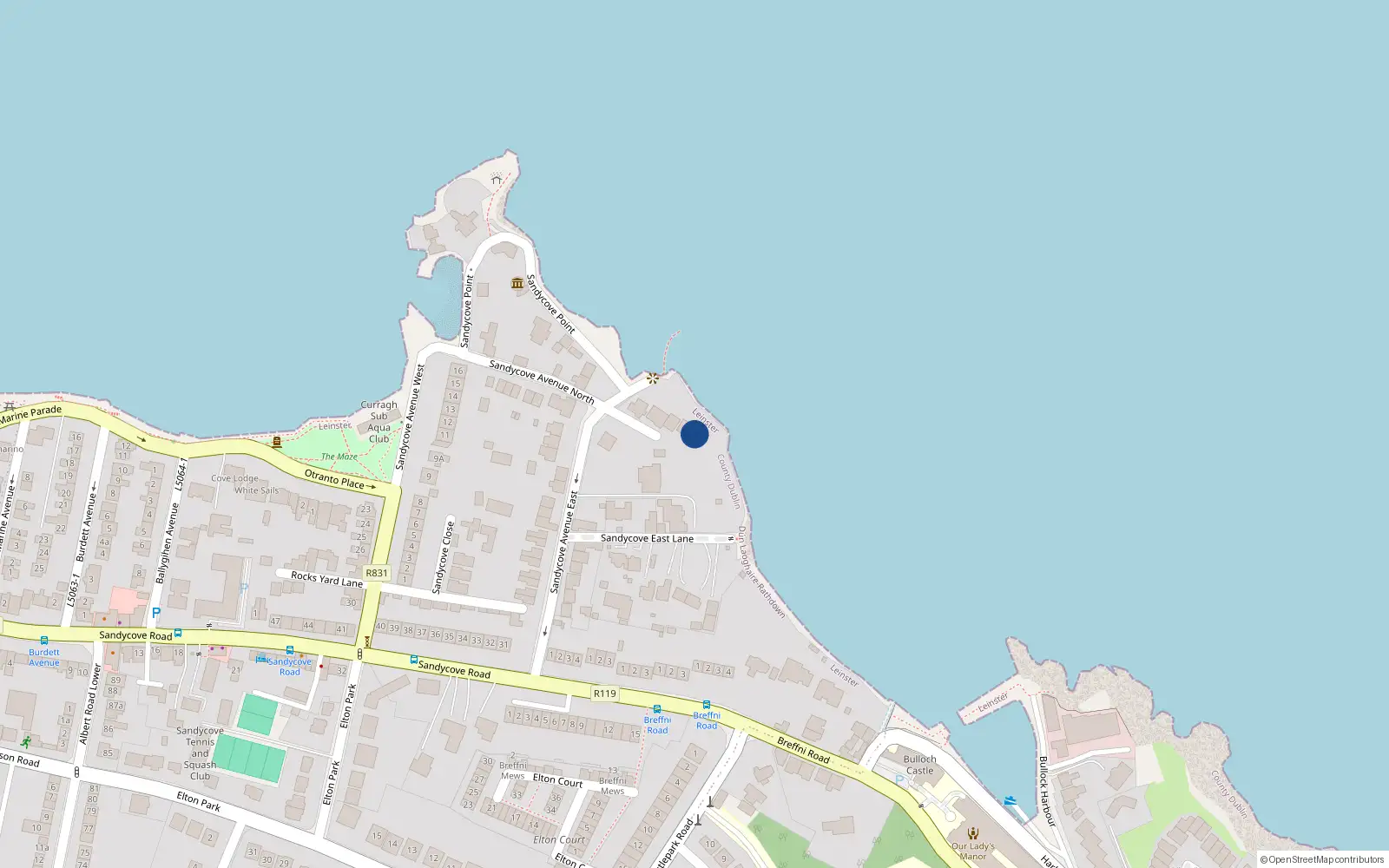 Overhead map showing the location of Bullock, Dublin, Co. Dublin