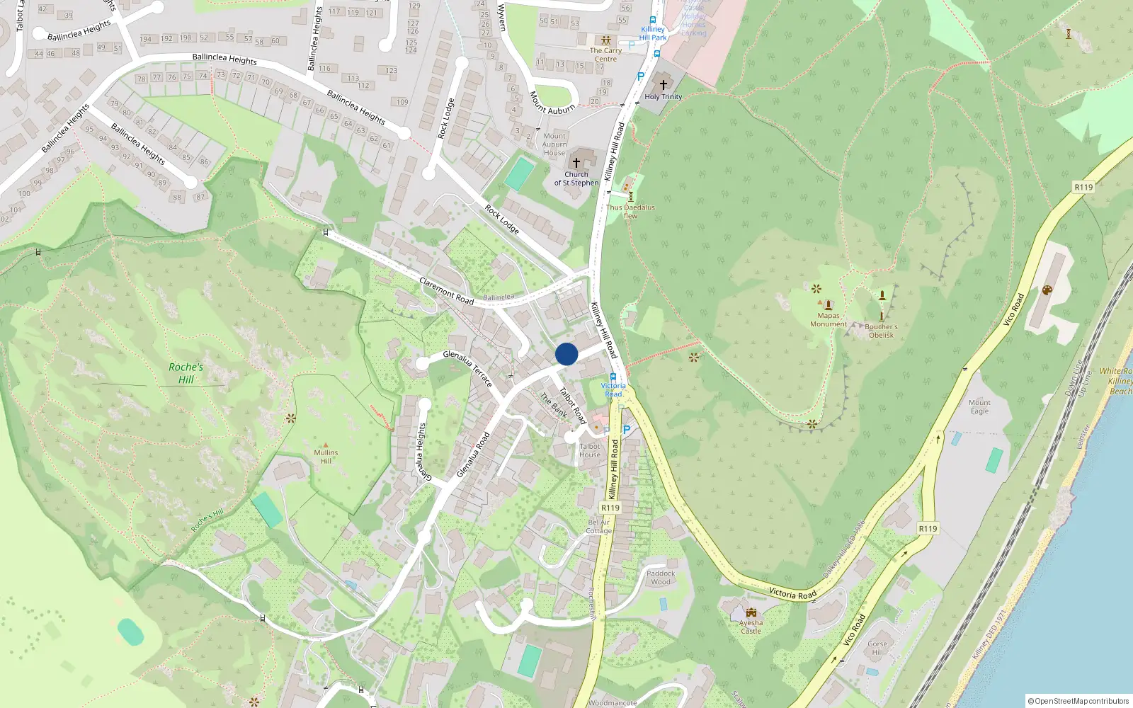 Overhead map showing the location of Mount Prospect, Killiney Hill Road, Killiney