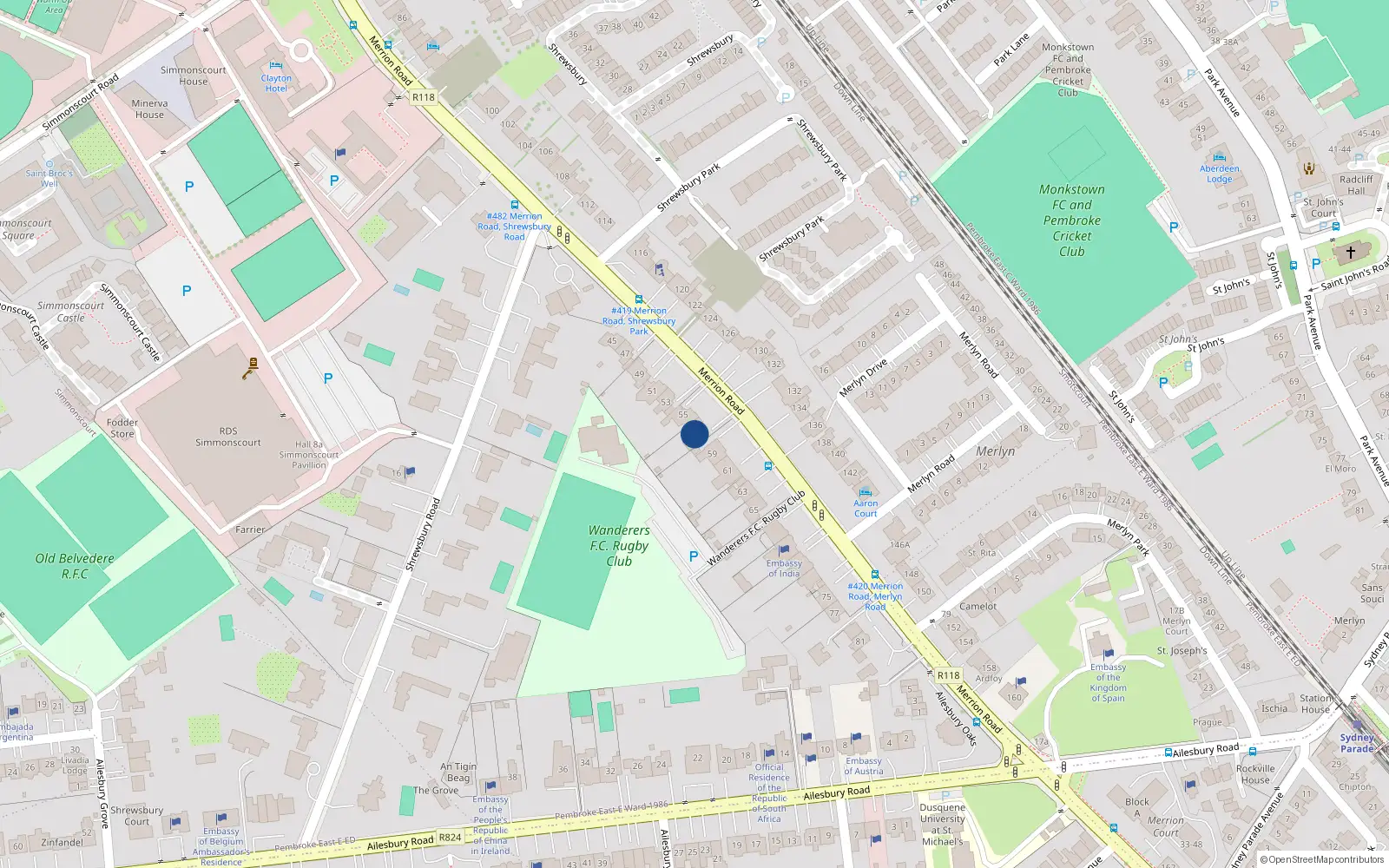Overhead map showing the location of 57 Merrion Road, Ballsbridge
