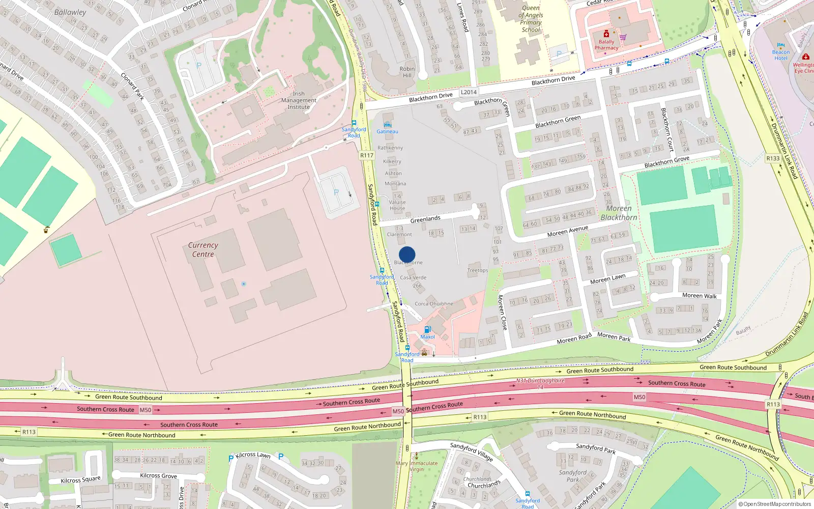 Overhead map showing the location of Sandyford Road, Dublin 16