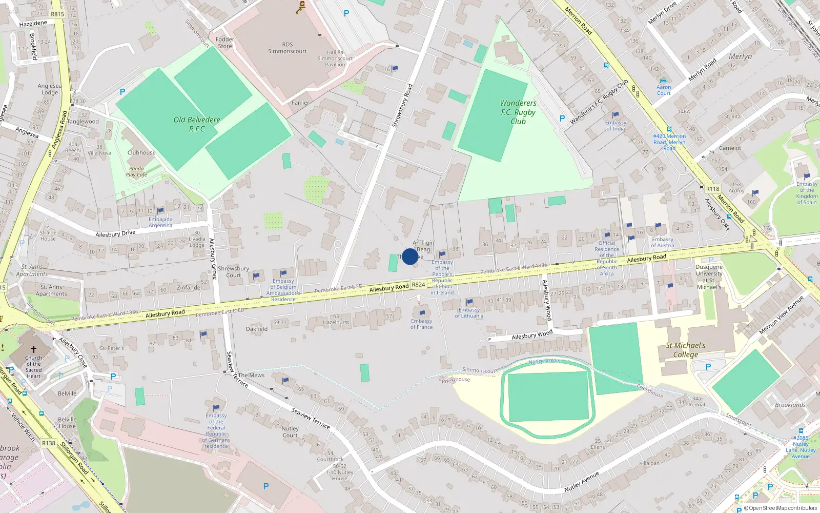 Overhead map showing the location of 40A Ailesbury Road, Simmonscourt
