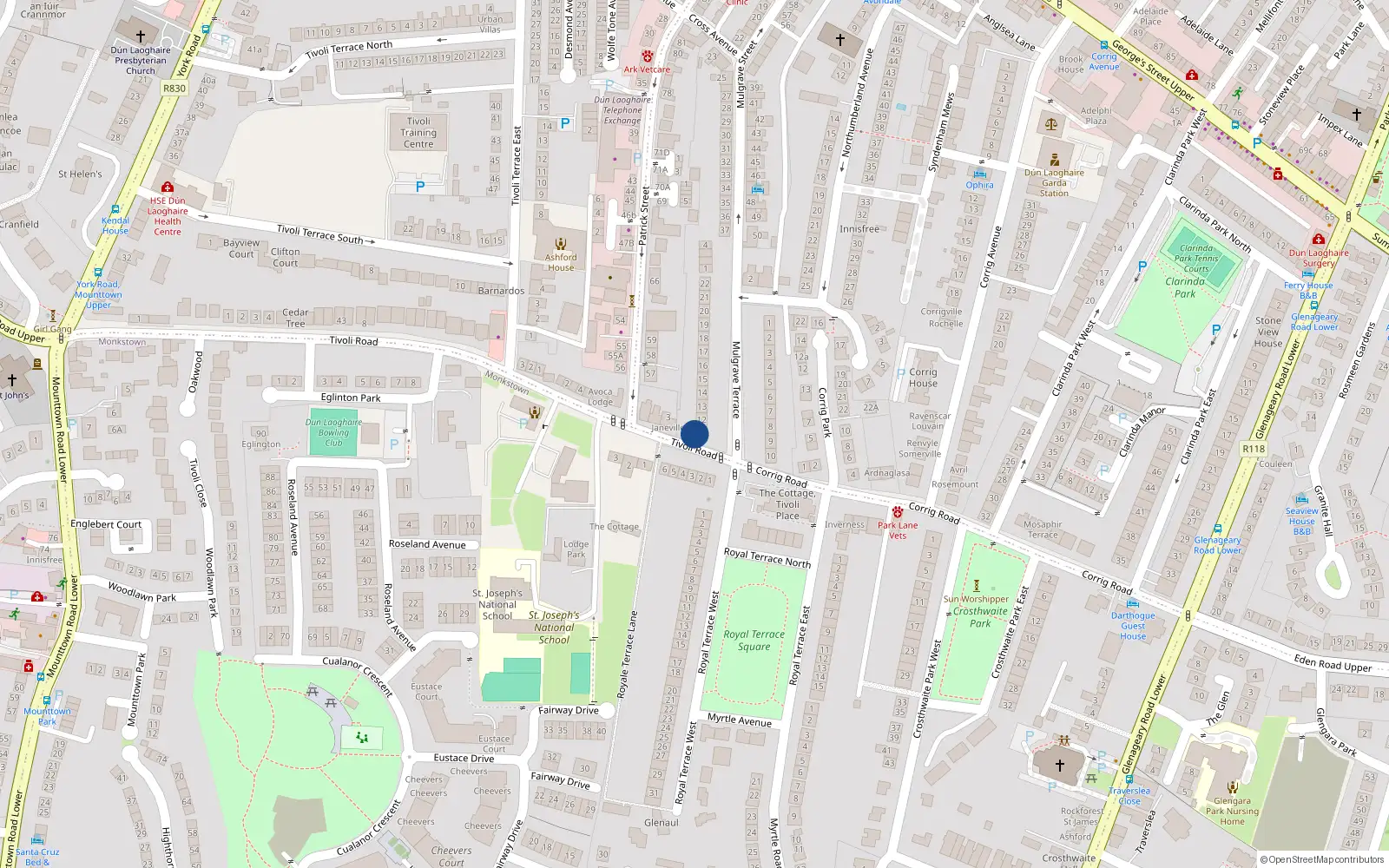 Overhead map showing the location of 11 Mulgrave Terrace, Dun Laoghaire