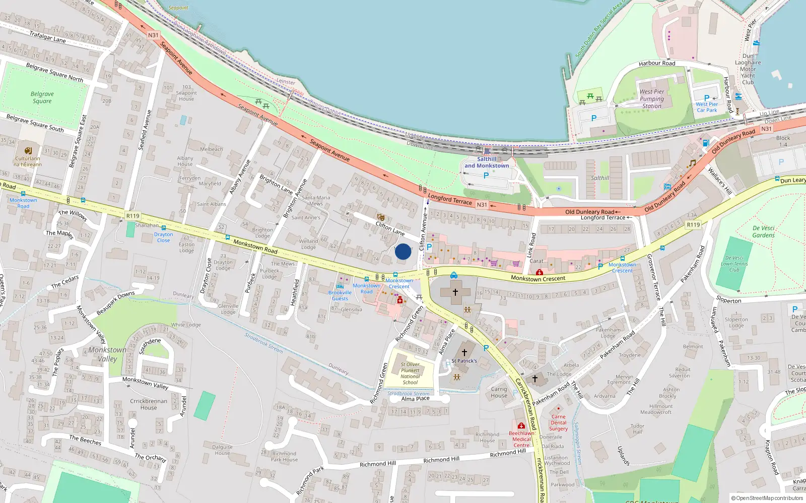 Overhead map showing the location of Clifton Avenue, Monkstown