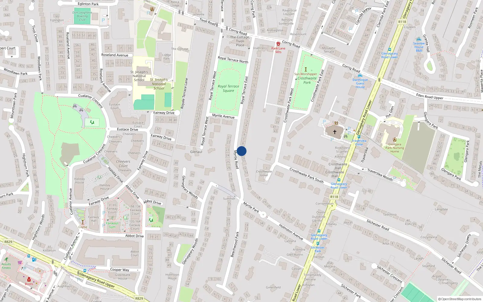 Overhead map showing the location of Myrtle Park House, 9 Myrtle Park, Dun Laoghaire