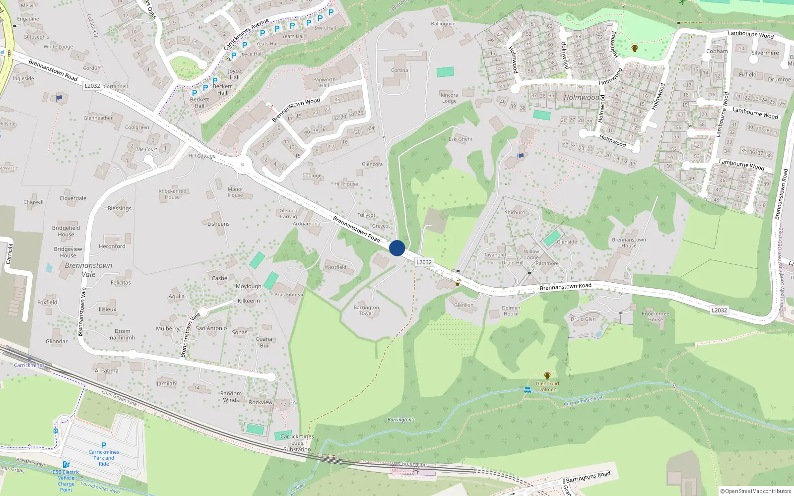 Overhead map showing the location of Brennanstown Road, Foxrock