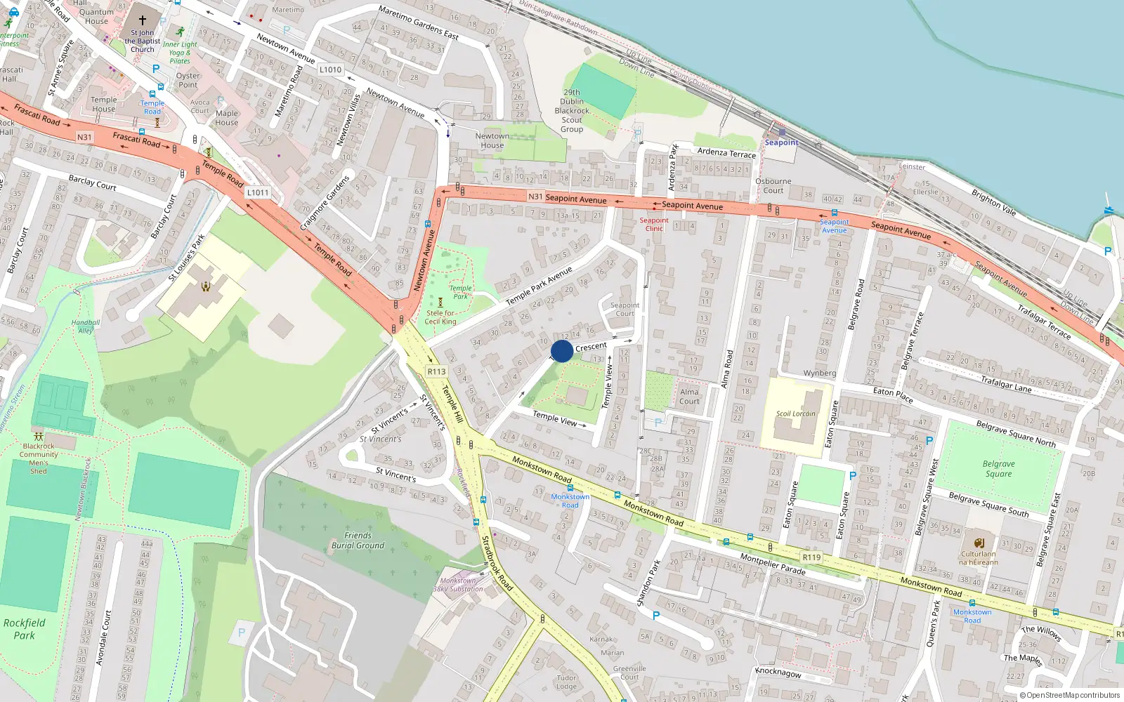 Overhead map showing the location of Temple Crescent, Blackrock