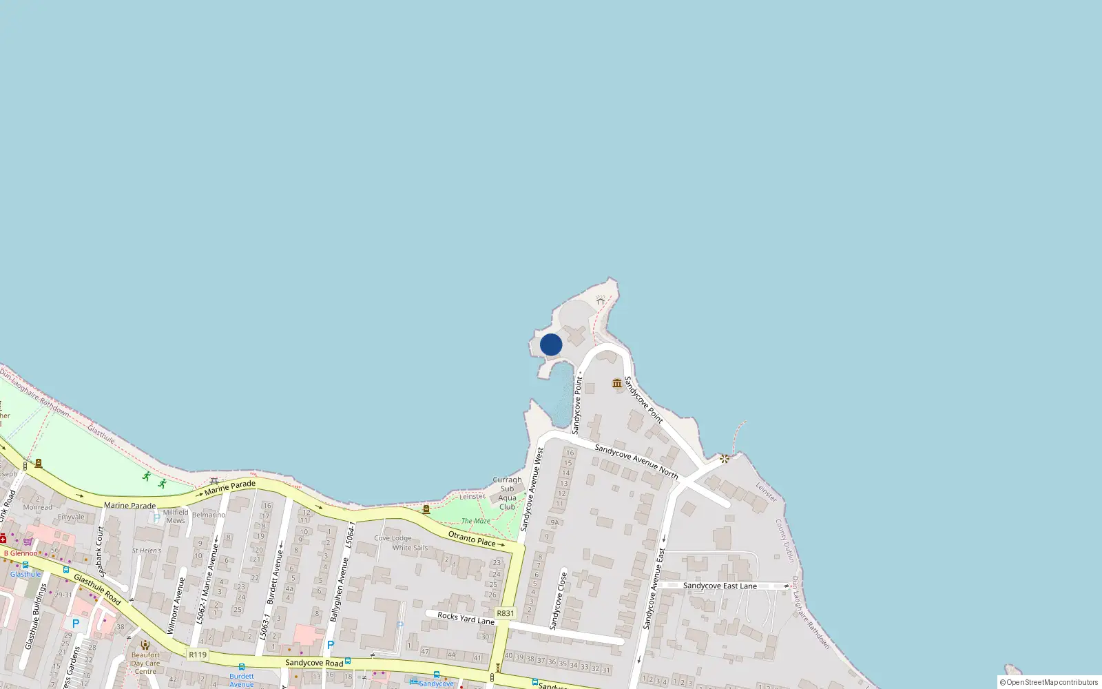Overhead map showing the location of Sandycove Point, Dun Laoghaire