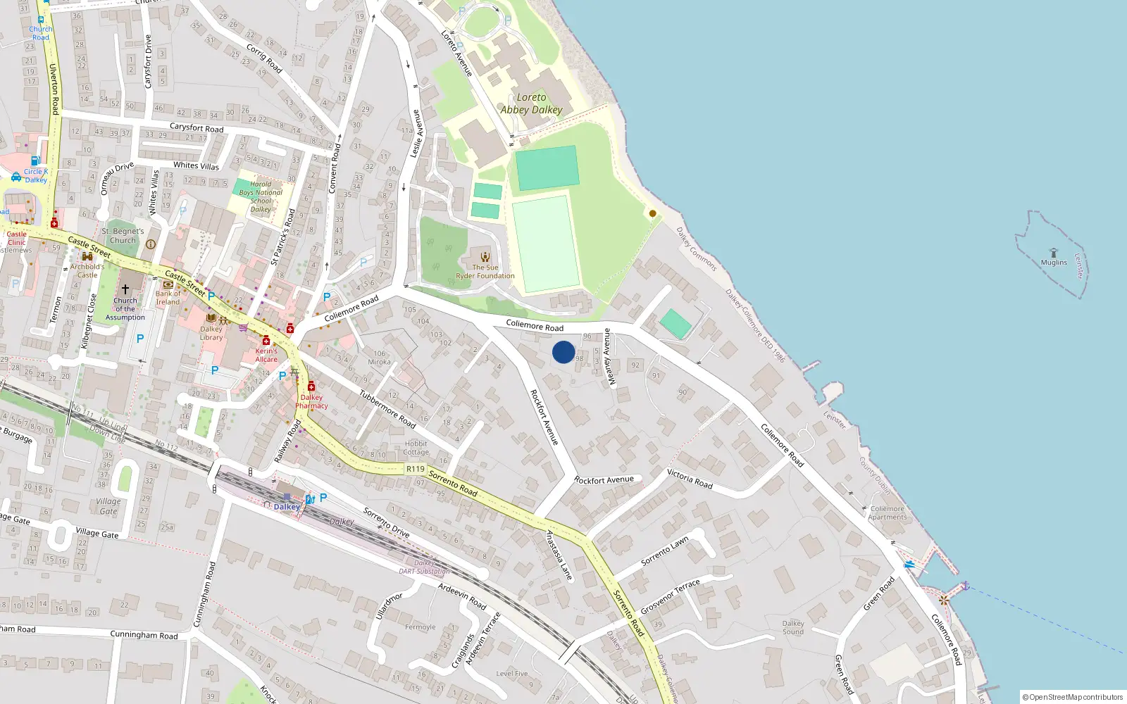 Overhead map showing the location of 11 Coliemore Road, Dalkey
