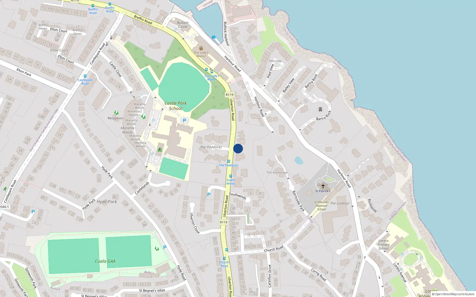 Overhead map showing the location of Bullock, Dublin, Co. Dublin