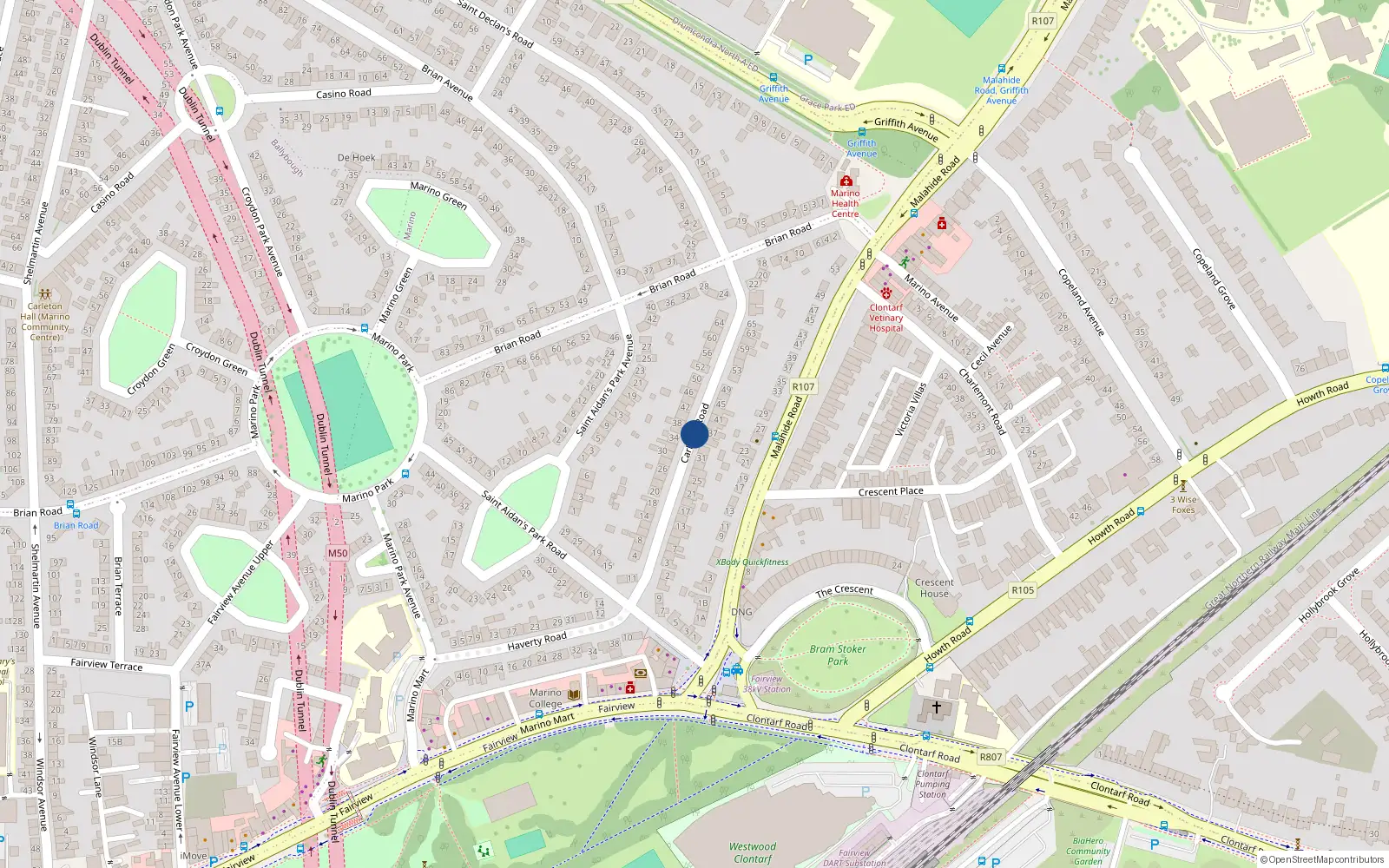 Overhead map showing the location of 1 Carleton Road, Marino