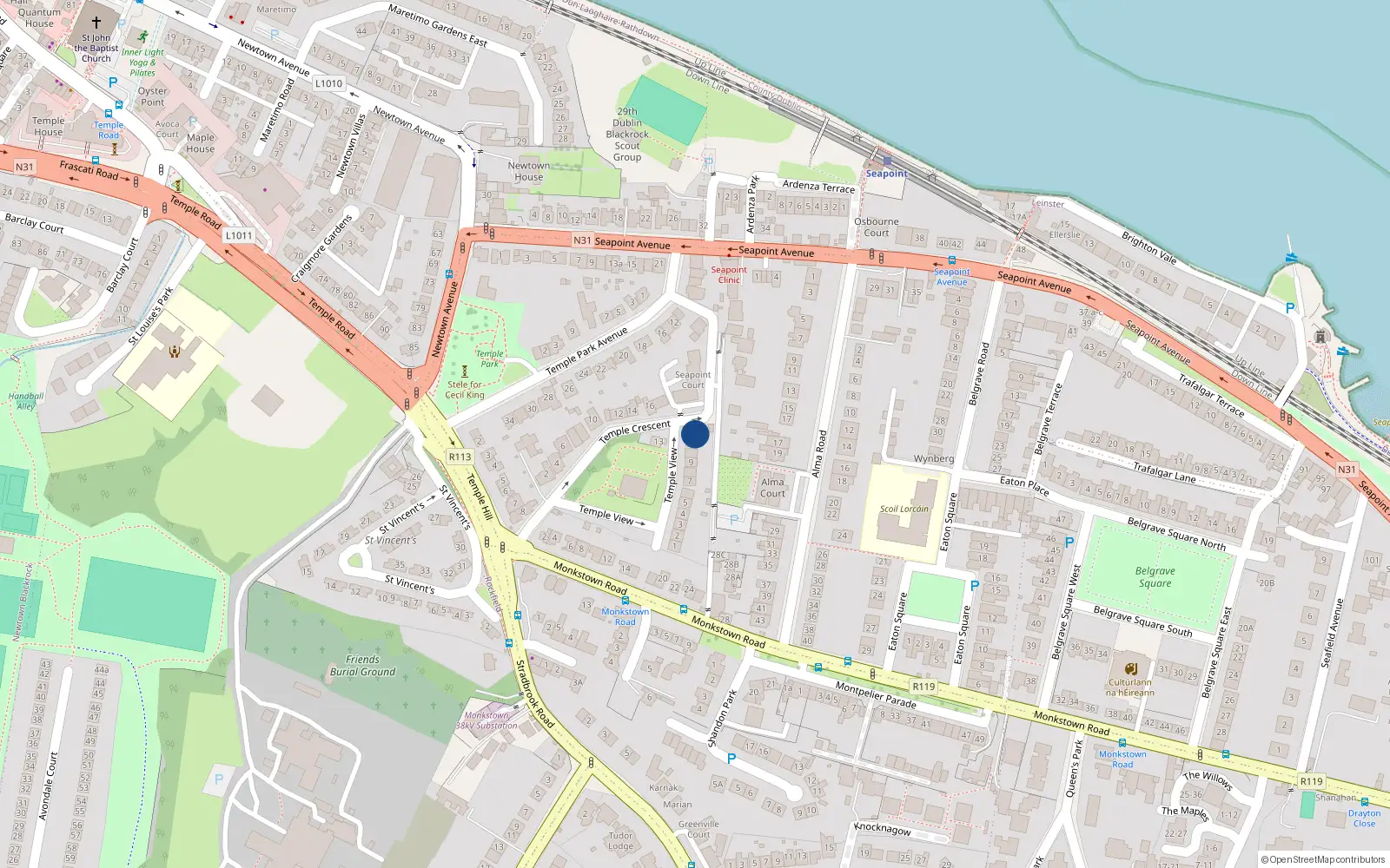 Overhead map showing the location of 12 Temple View, Blackrock