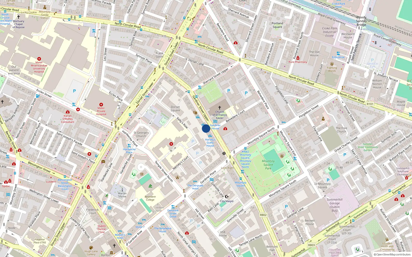 Overhead map showing the location of No 14, 14 Gardiner Street Upper, Dublin 1