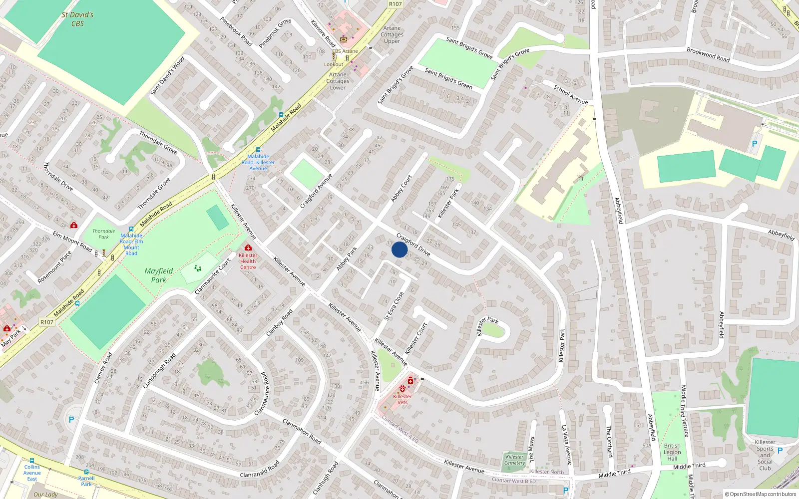Overhead map showing the location of No. 17, Craigford Drive, Killester