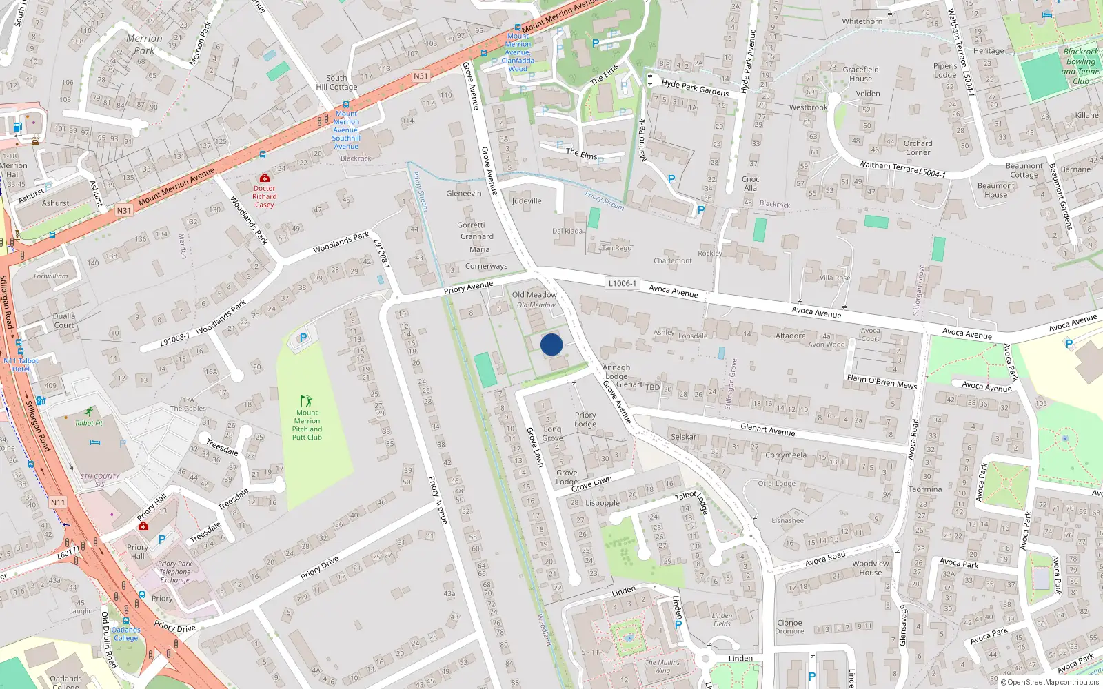 Overhead map showing the location of No 2 Forgney Lodge, Grove Avenue, Blackrock