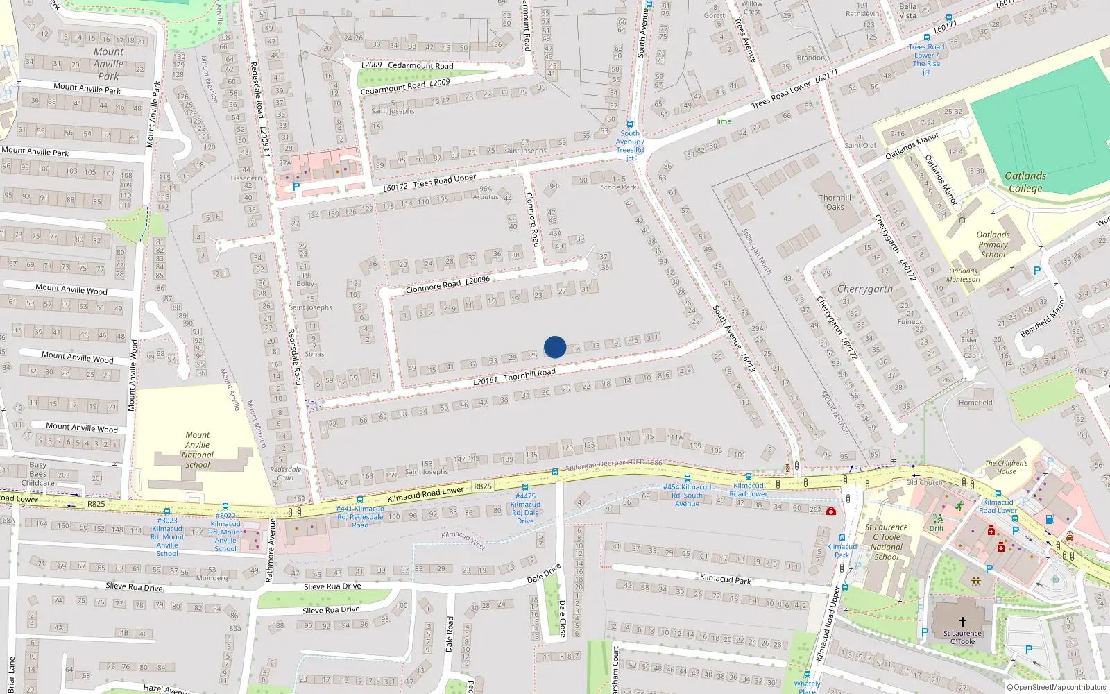 Overhead map showing the location of 21 Thornhill Road, Blackrock