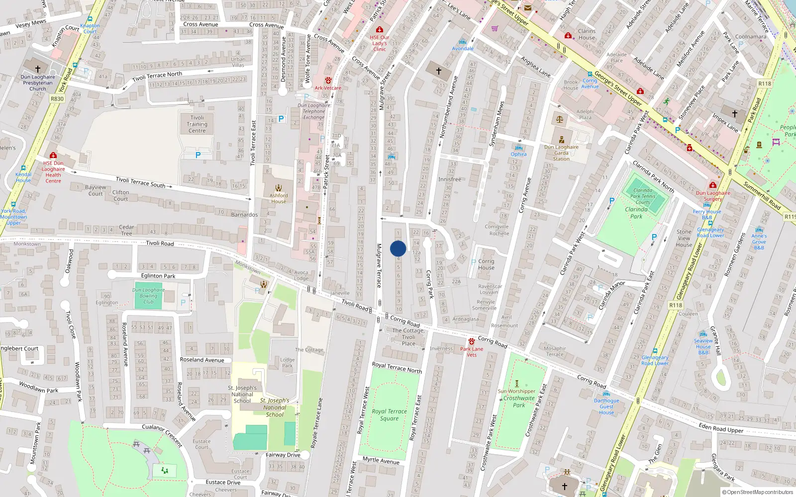 Overhead map showing the location of No. 3, 3 Mulgrave Terrace, Dun Laoghaire