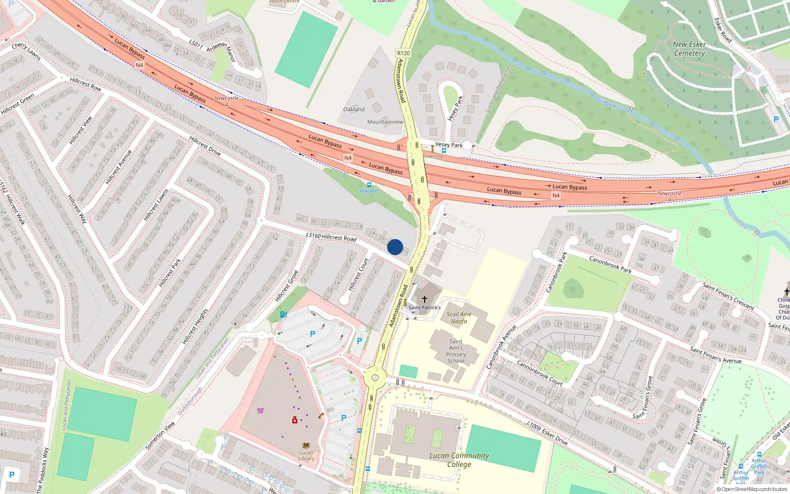Overhead map showing the location of No. 4 Hillcrest Road, Lucan, Dublin