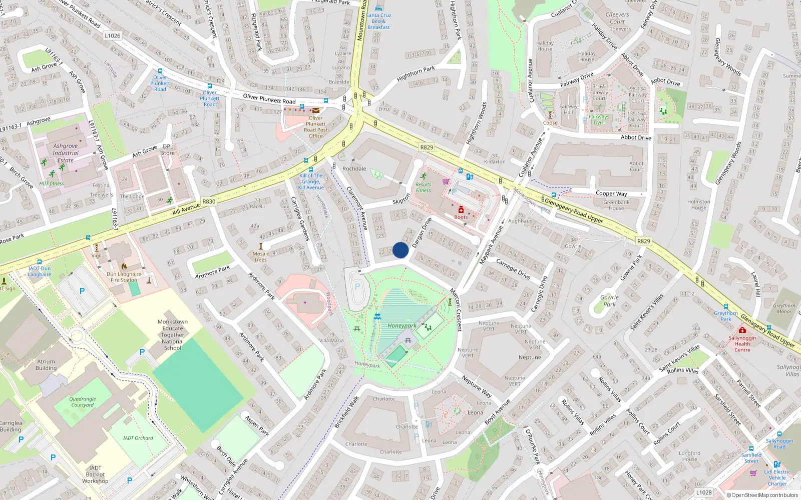 Overhead map showing the location of 4 Marconi Crescent, Dun Laoghaire