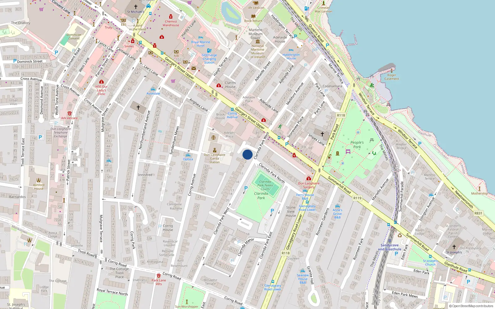 Overhead map showing the location of 5 Clarinda Park West, Dun Laoghaire