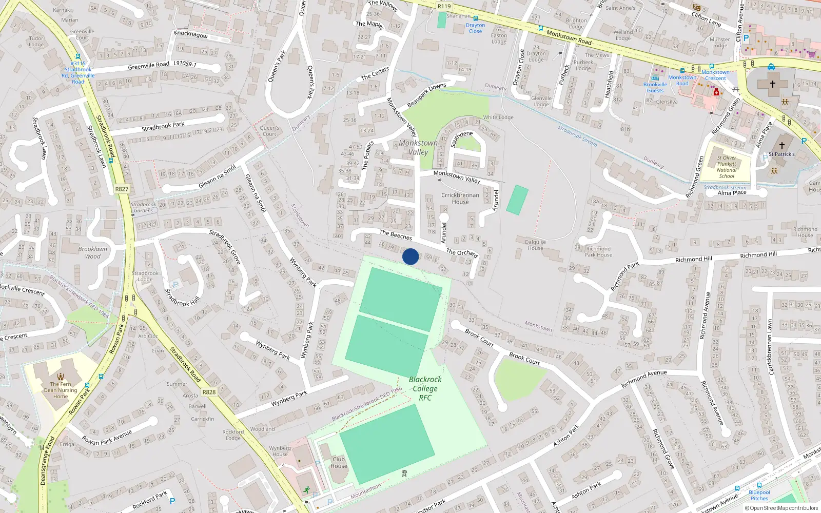 Overhead map showing the location of 56 The Beeches, Monkstown