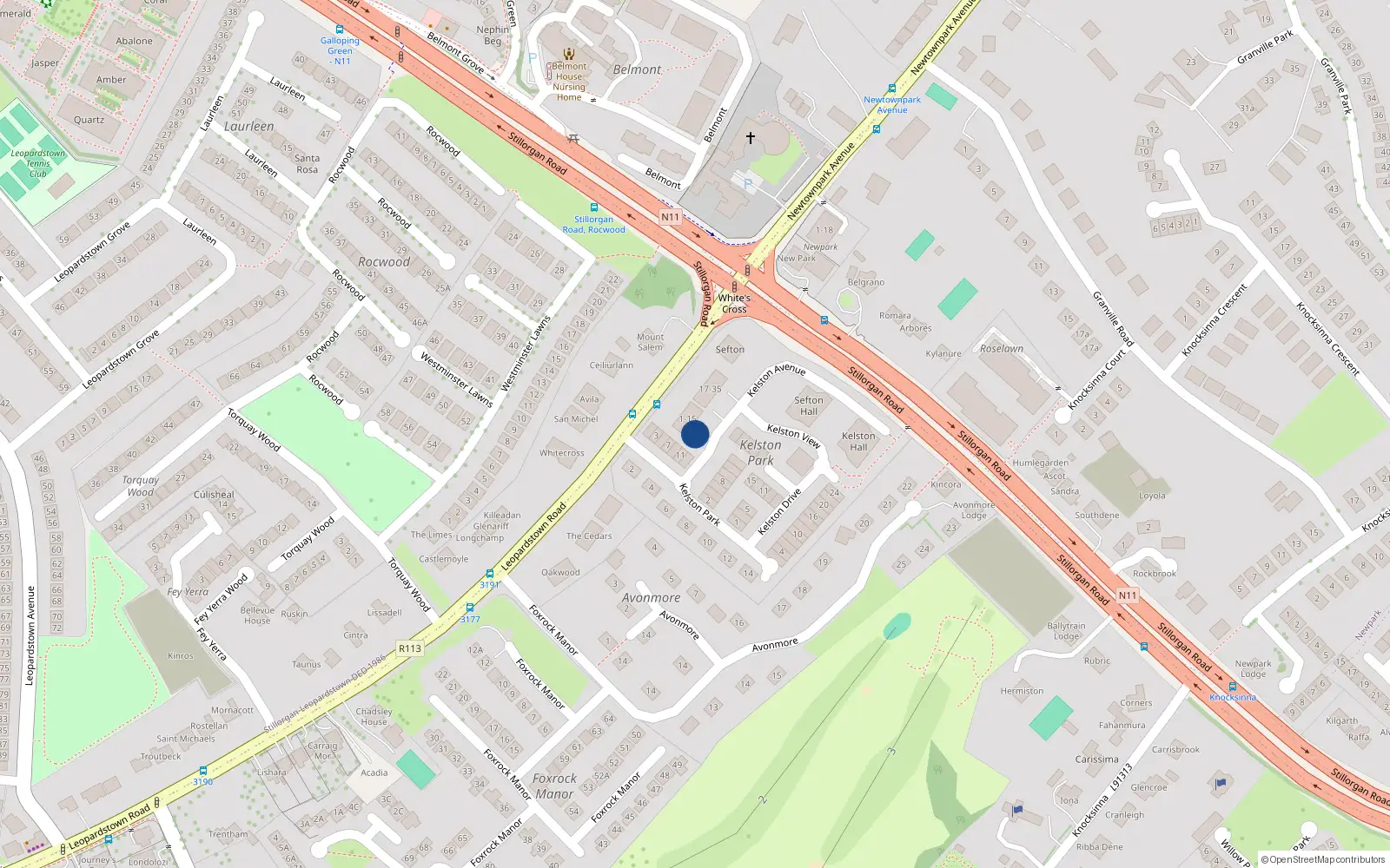 Overhead map showing the location of 7 Kelston Avenue, Foxrock
