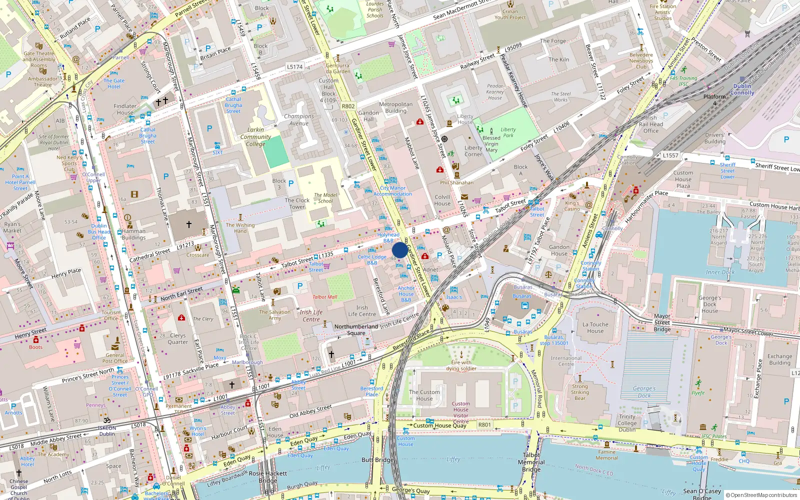 Overhead map showing the location of No 79A Talbot Street and, 43 Gardiner Street Lower, Dublin 1