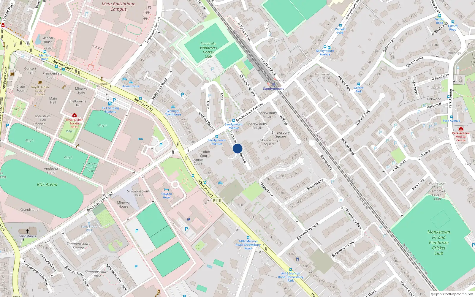 Overhead map showing the location of No.1 Embassy Cout, Prince of Wales Terrace, Ballsbridge