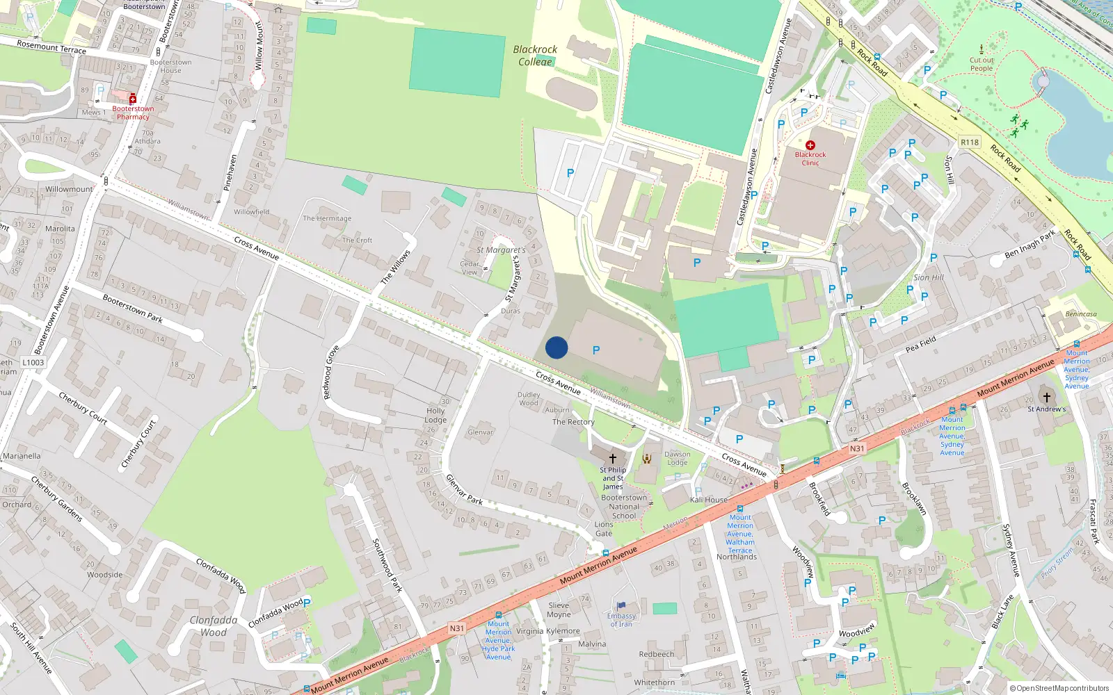 Overhead map showing the location of No.2 St. James, Cross Avenue, Blackrock