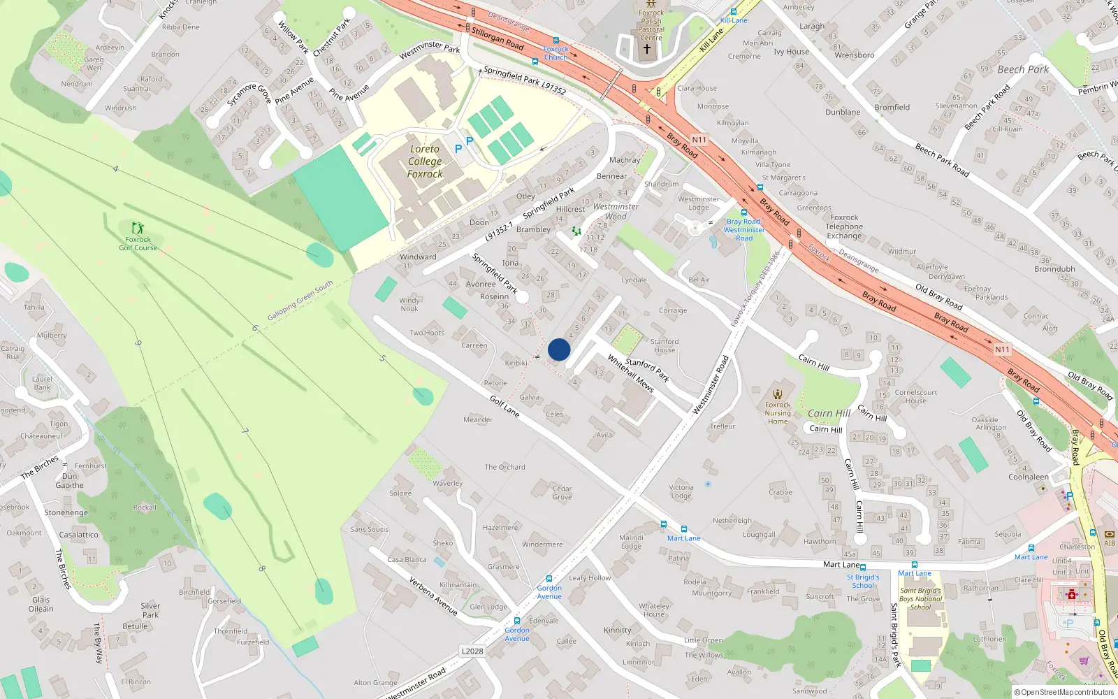 Overhead map showing the location of No.3 Standford Park, Westminister Road, Foxrock