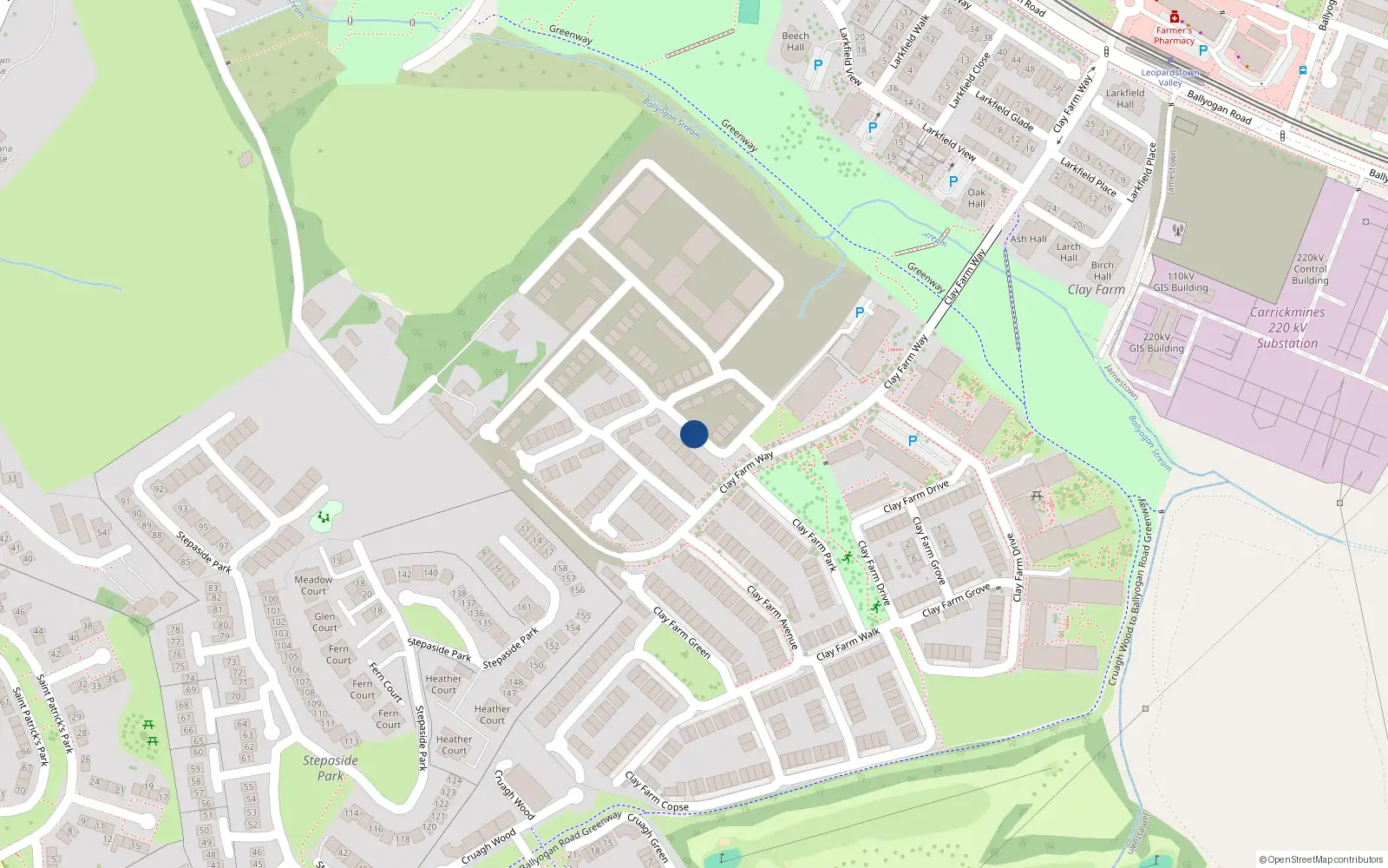 Overhead map showing the location of 9 Clay Farm Drive, Dublin 18