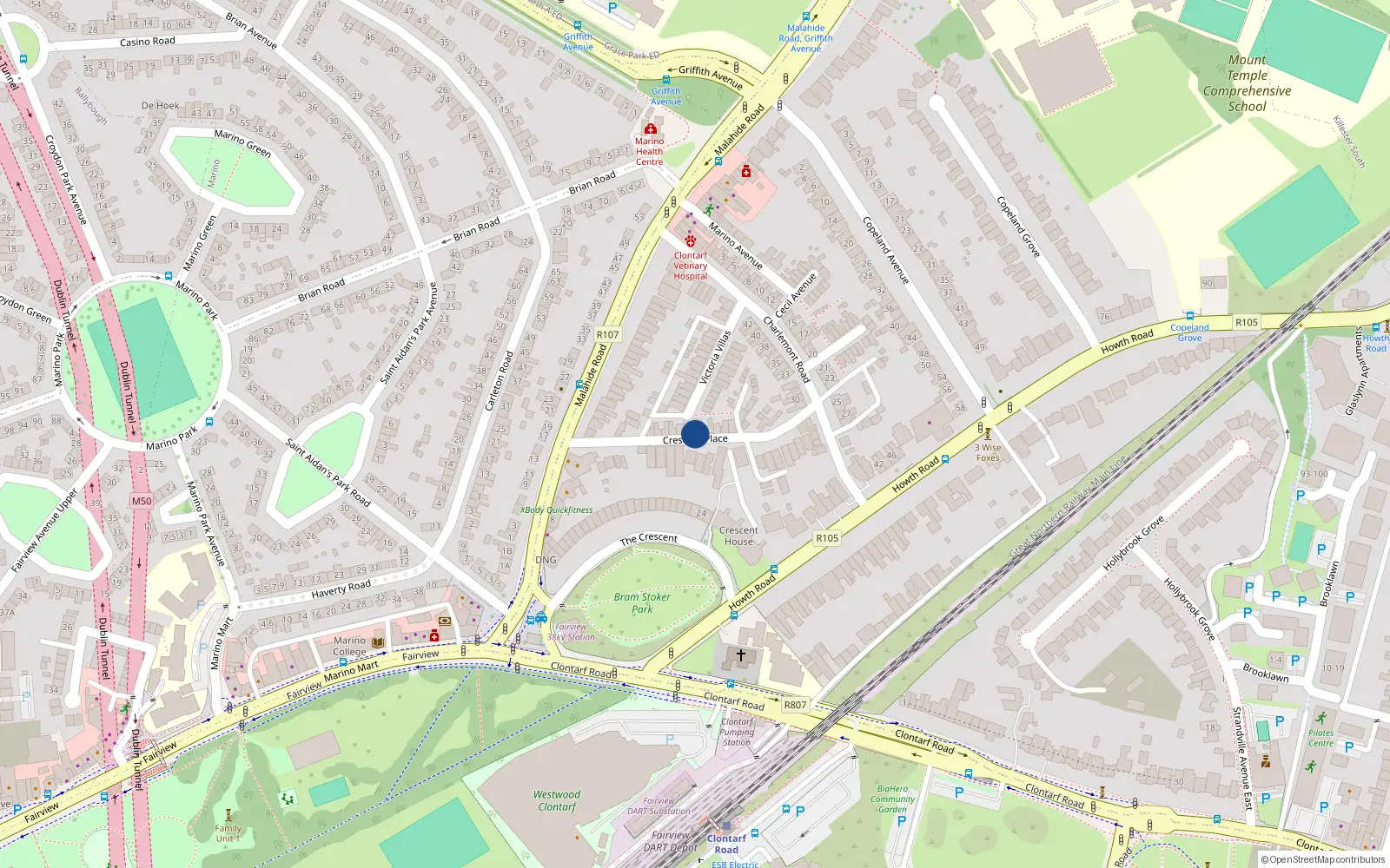 Overhead map showing the location of Nr 7 Crescent Place, Clontarf, Dublin 3