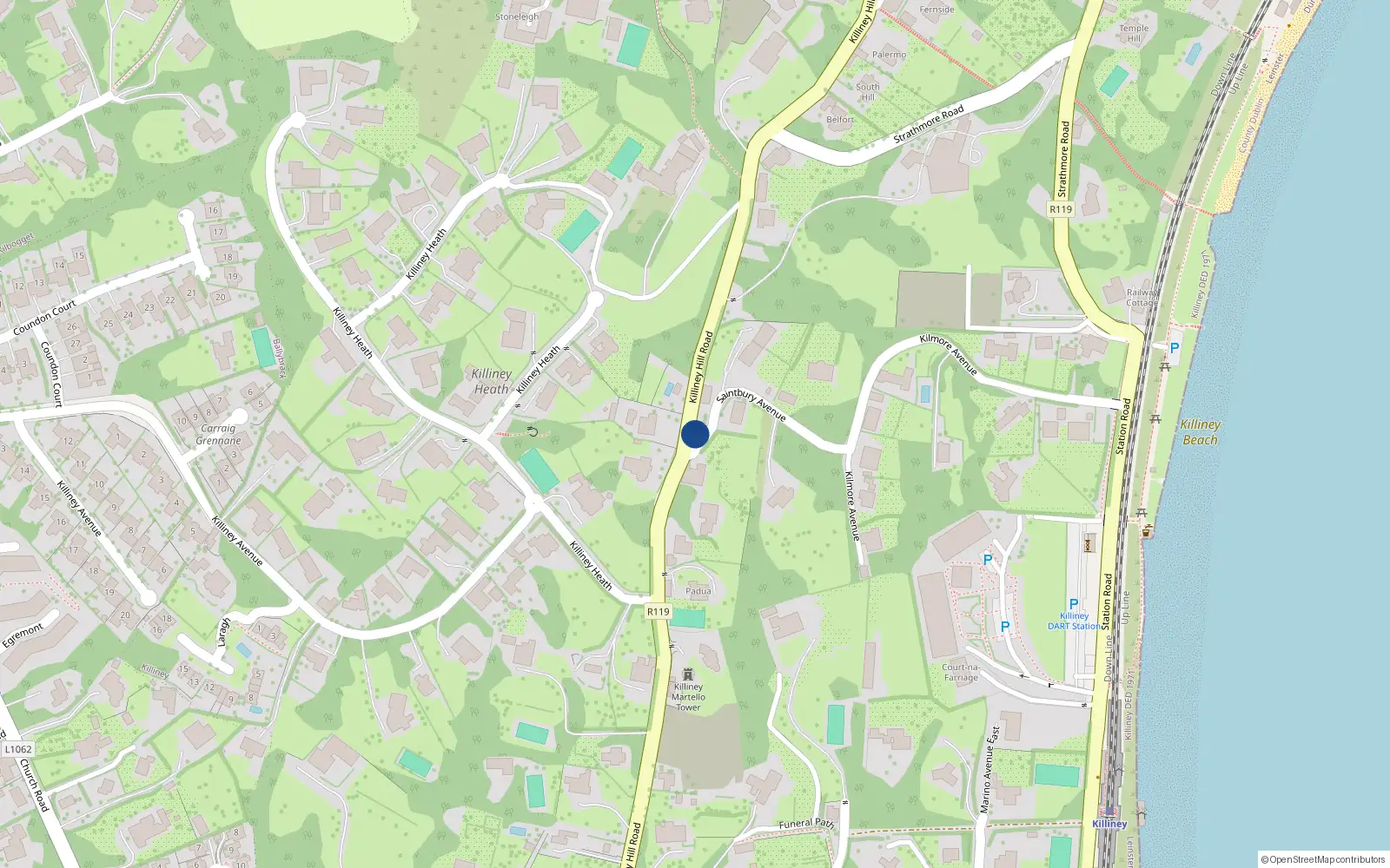 Overhead map showing the location of Oakdene Lodge, Killiney Hill Road, Killiney
