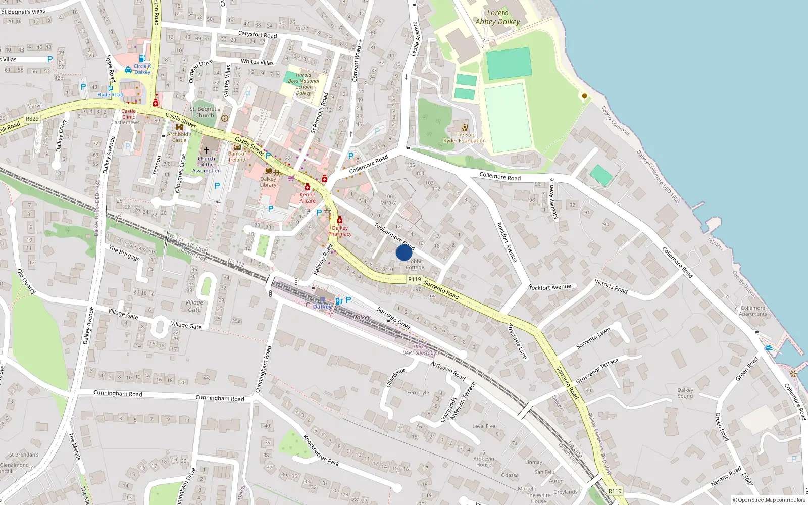 Overhead map showing the location of Tubbermore Road, Dalkey