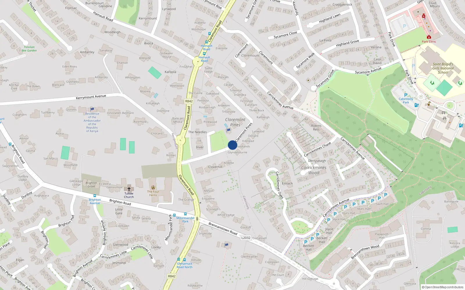 Overhead map showing the location of Claremont Pines, Carrickmines