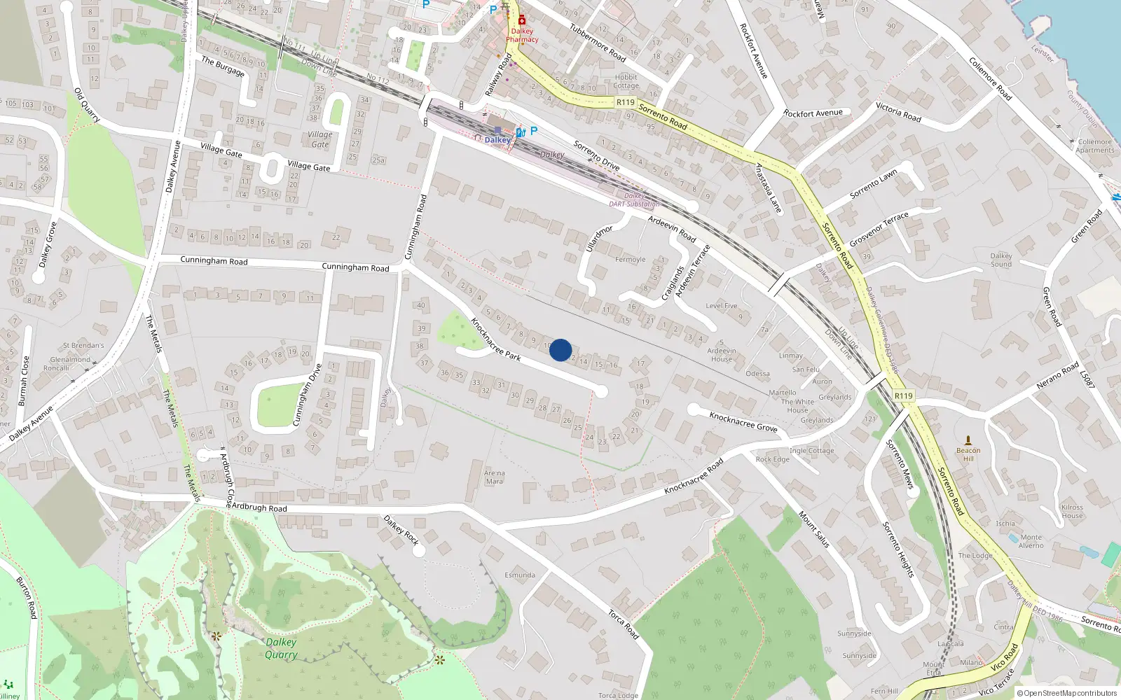 Overhead map showing the location of 11 Knock-Na-Cree Park,, Dalkey