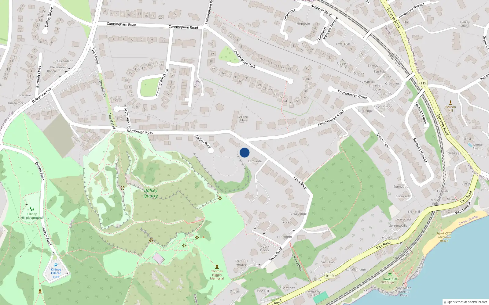 Overhead map showing the location of 1 Torca Road, Dalkey