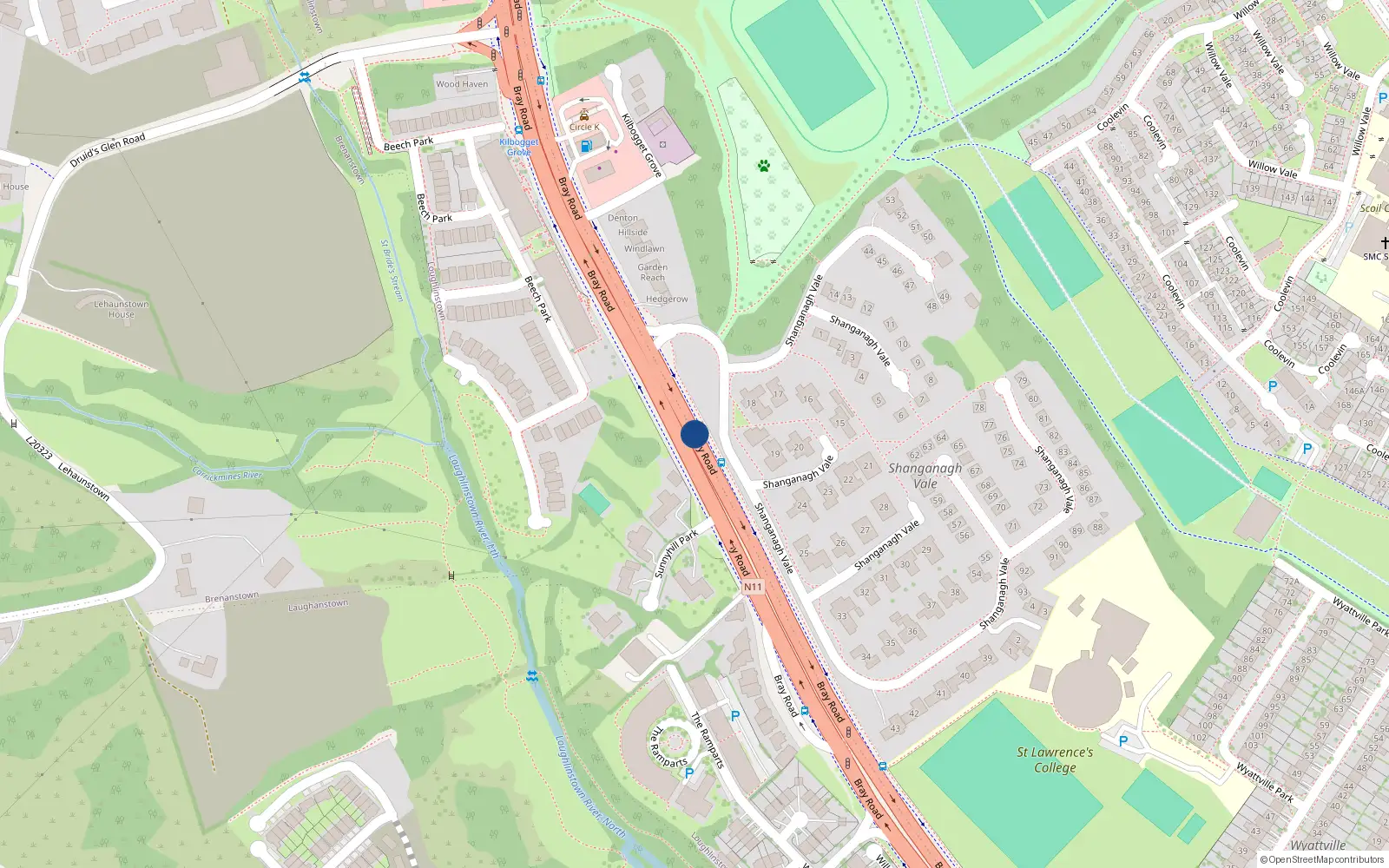 Overhead map showing the location of Bray Road, Loughlinstown