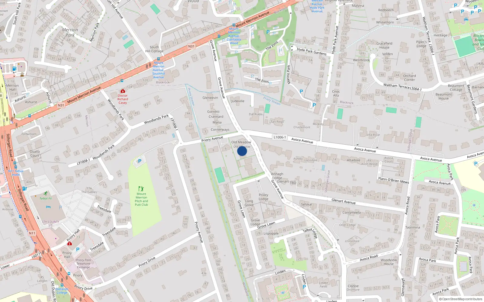 Overhead map showing the location of Old Meadow, Stillorgan
