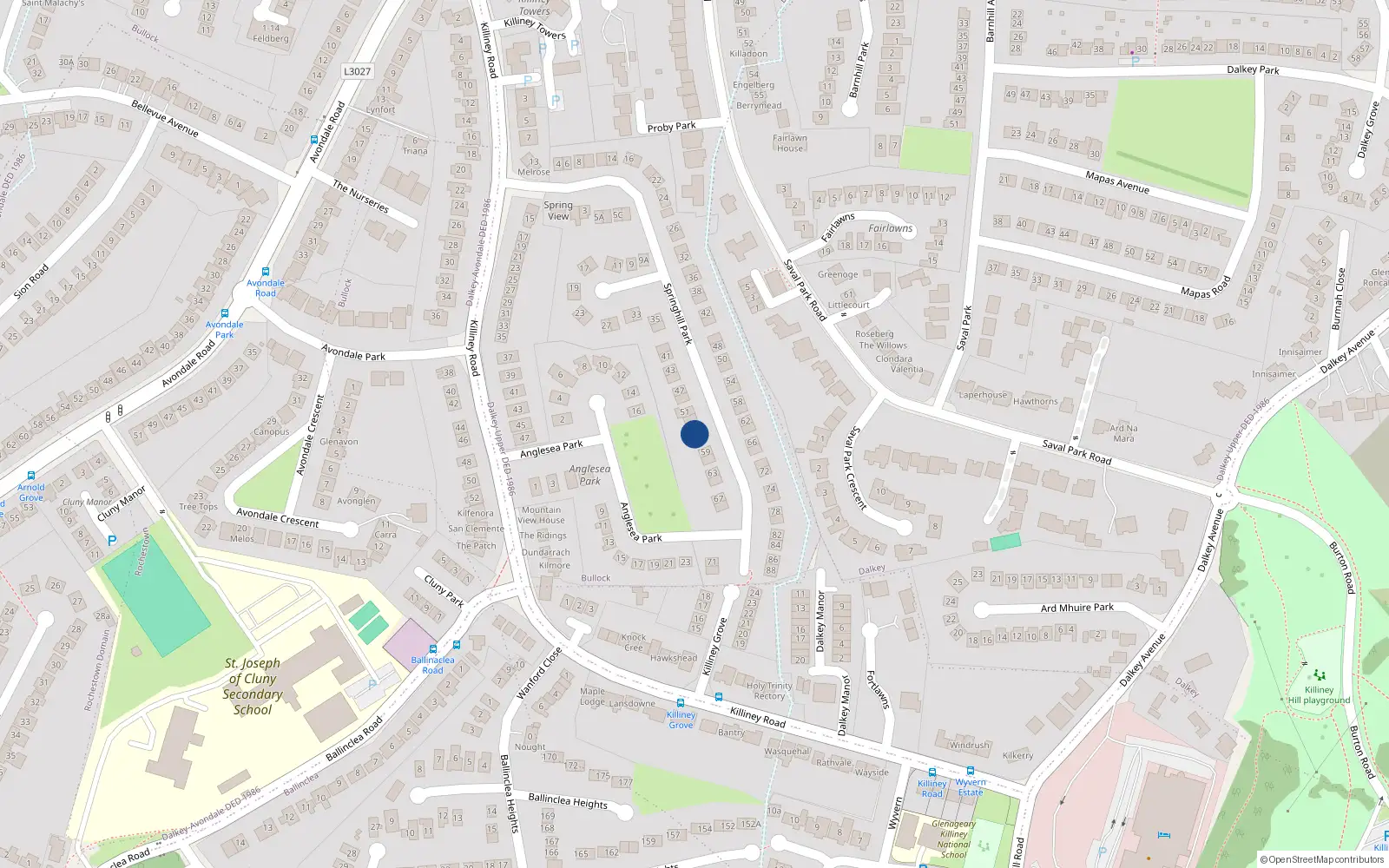 Overhead map showing the location of 55 Springhill Park, Killiney