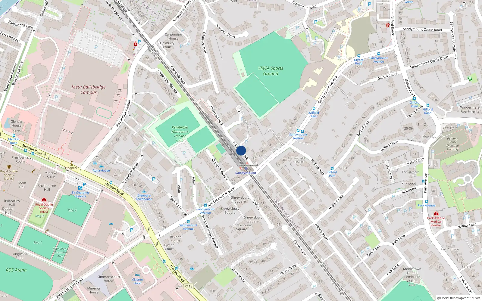 Overhead map showing the location of 1B Holyrood Park, Sandymount