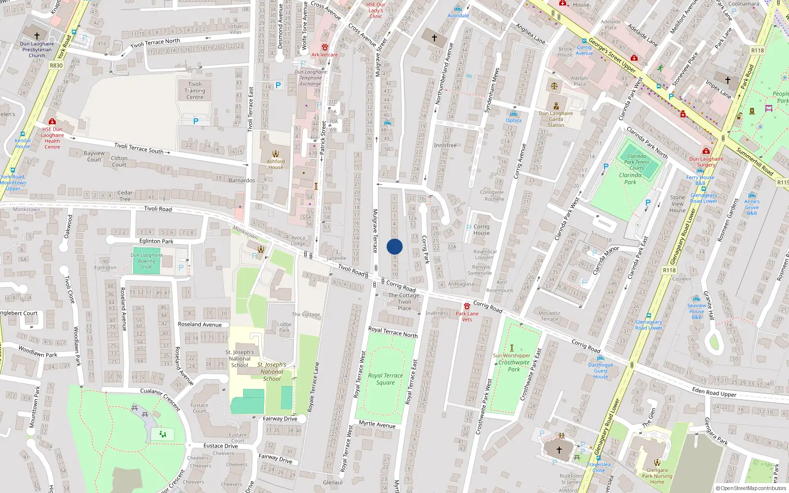 Overhead map showing the location of 7 Mulgrave Terrace, Dun Laoghaire