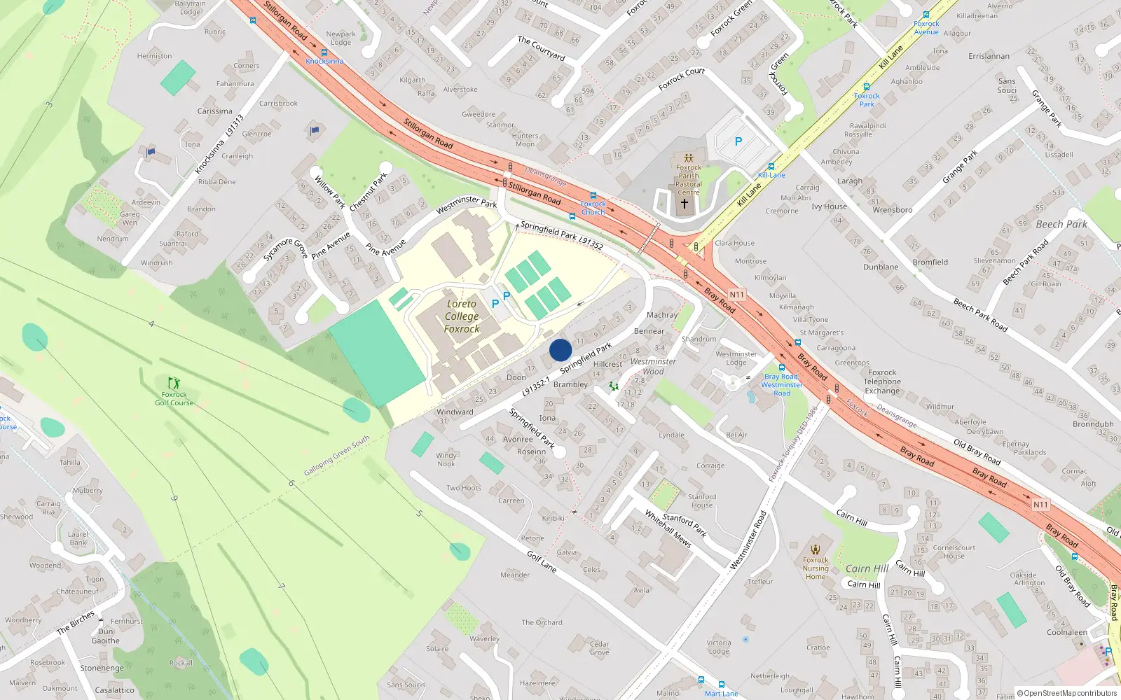 Overhead map showing the location of 13 Springfield Park, Dublin 18